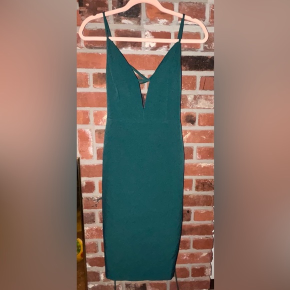 Express Dresses & Skirts - Express Emerald Green V-Neck Midi Bodycon Dress w/ Open Lace up Back Sz 2